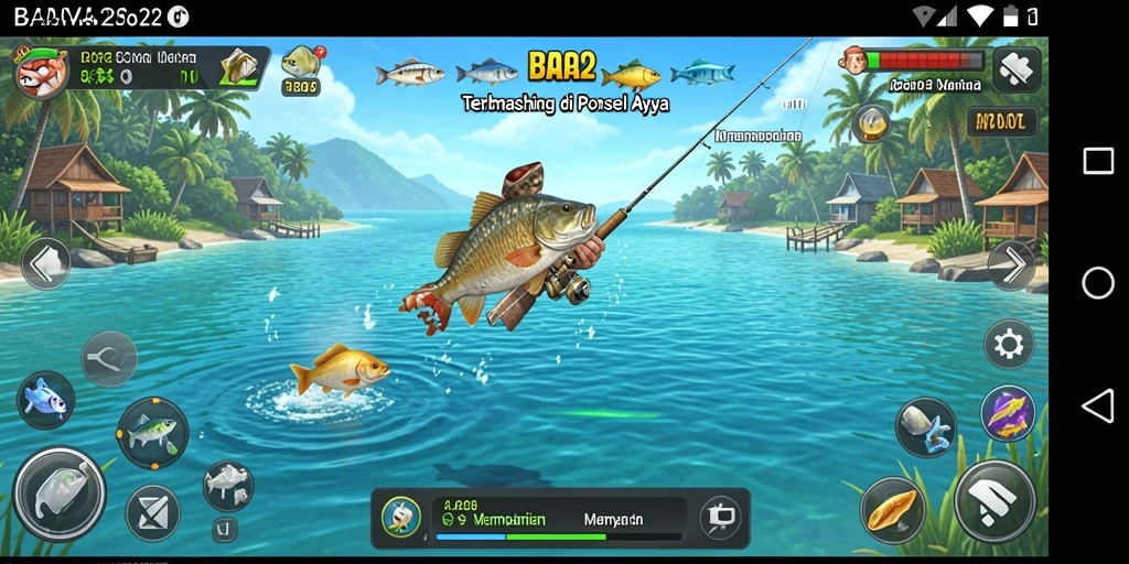 Tampilan gameplay BARA22 yang seru saat pengguna memancing dengan latar belakang yang indah.