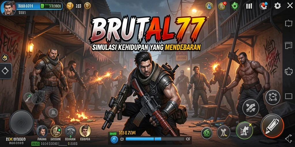 Screenshot gameplay BRUTAL77 menunjukkan interaksi antar karakter yang dinamis.
