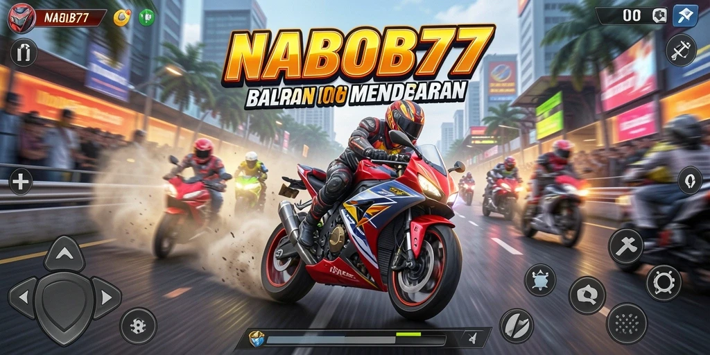 Tampilan gameplay seru dari NABOB77 dengan motor dan lintasan balap.