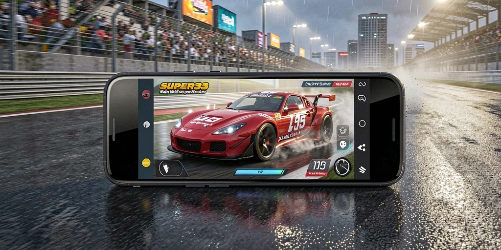 Gameplay SUPER33 dengan mobil balap yang cepat dan lintasan menantang.